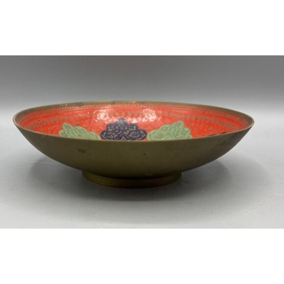 Vtg Brass Bowl Enameled Intricate Red Floral Design‎ 6" Decor - Picture 2 of 6